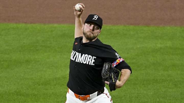 Sep 20, 2024; Baltimore, Maryland, USA;  Baltimore Orioles pitcher Corbin Burnes (39) throws a third-inning pitch against the Detroit Tigers at Oriole Park at Camden Yards.