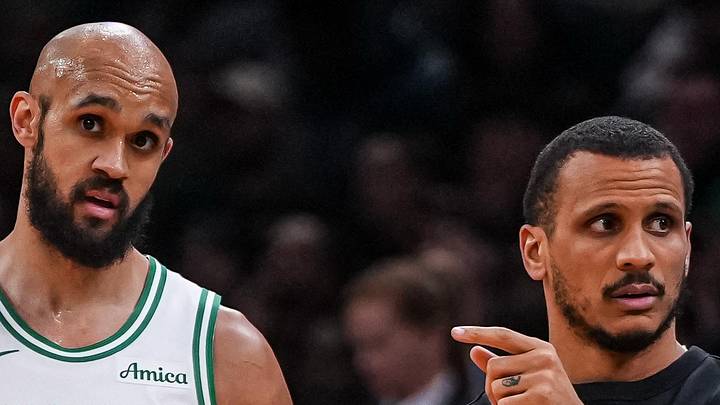 Apr 7, 2026; Boston, Massachusetts, USA; Boston Celtics head coach Joe Mazzulla with guard Derrick White (9) from the sideline as they take on the Charlotte Hornets at TD Garden. Mandatory Credit: David Butler II-Imagn Images