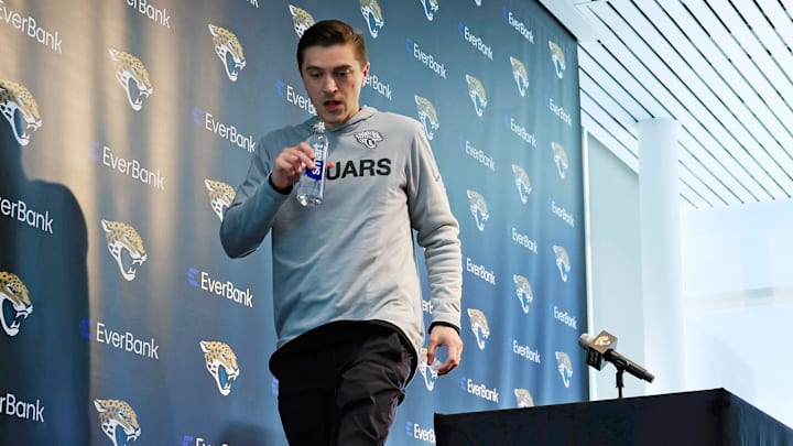 Jacksonville Jaguars general manager James Gladstone walks off the podium during a press conference at Miller Electric Center Tuesday, April 15, 2025 in Jacksonville, Fla. [Corey Perrine/Florida Times-Union]