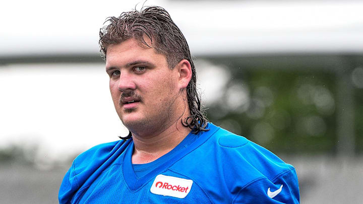 Detroit Lions guard Tate Ratledge (69) walks off the field after practice during training camp at Meijer Performance Center in Allen Park on Sunday, July 20, 2025.