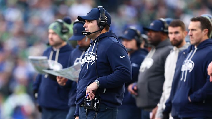 Jan 25, 2026; Seattle, WA, USA; Seattle Seahawks head coach Mike MacDonald looks on during the first half against the Los Angeles Rams in the 2026 NFC Championship Game at Lumen Field. Mandatory Credit: Kevin Ng-Imagn Images