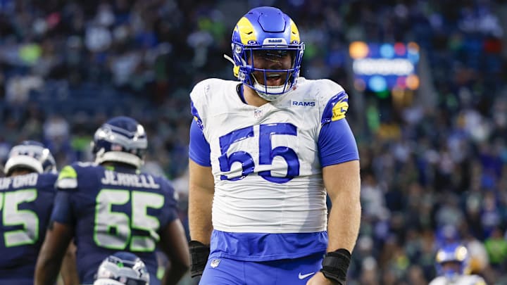 Nov 3, 2024; Seattle, Washington, USA; Los Angeles Rams defensive tackle Braden Fiske (55) celebrates a sack against the Seattle Seahawks during the fourth quarter at Lumen Field. Mandatory Credit: Joe Nicholson-Imagn Images