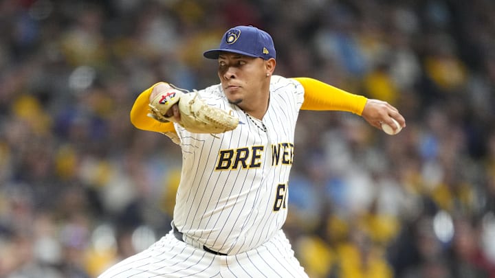 Apr 25, 2026; Milwaukee, Wisconsin, USA;  Milwaukee Brewers pitcher Angel Zerpa (61) throws a pitch during the tenth inning against the Pittsburgh Pirates at American Family Field. Mandatory Credit: Jeff Hanisch-Imagn Images