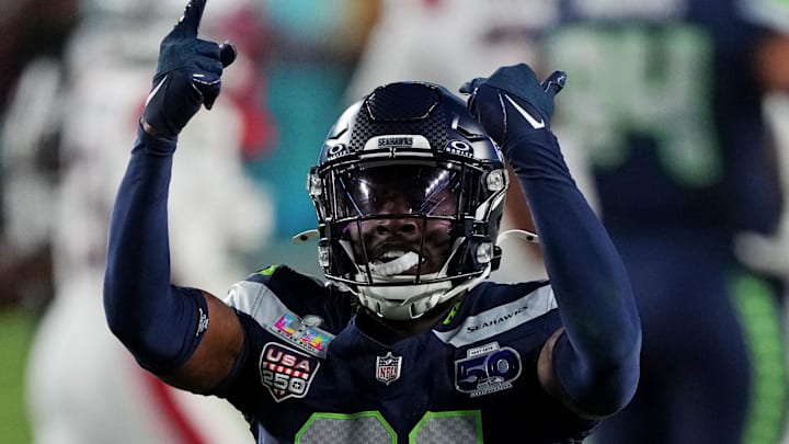Seattle Seahawks cornerback Devon Witherspoon celebrates Seattle Seahawks cornerback Devon Witherspoon celebrates