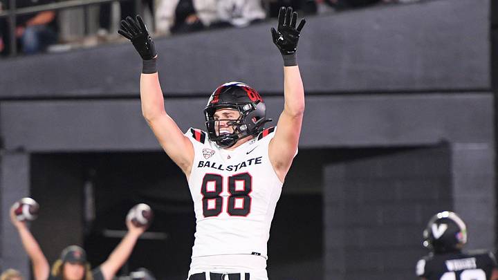 Oct 19, 2024; Nashville, Tennessee, USA; Ball State Cardinals tight end Tanner Koziol (88) celebrates his touchdown with tight end Christian Abney (87) against the Vanderbilt Commodores during the second half at FirstBank Stadium. Mandatory Credit: Steve Roberts-Imagn Images Oct 19, 2024; Nashville, Tennessee, USA; Ball State Cardinals tight end Tanner Koziol (88) celebrates his touchdown with tight end Christian Abney (87) against the Vanderbilt Commodores during the second half at FirstBank Stadium. Mandatory Credit: Steve Roberts-Imagn Images