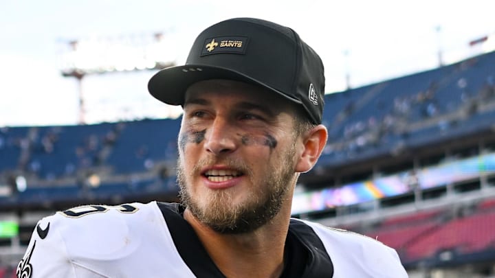 Dec 28, 2025; Nashville, Tennessee, USA;  New Orleans Saints quarterback Tyler Shough (6) celebrates the win as he leaves the field against the Tennessee Titans during the second half at Nissan Stadium. Mandatory Credit: Steve Roberts-Imagn Images