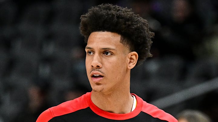 Jalen Johnson #1 of the Atlanta Hawks warms up before facing the Detroit Pistons.