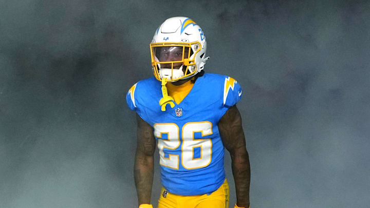 Dec 23, 2023; Inglewood, California, USA; Los Angeles Chargers cornerback Asante Samuel Jr. (26)  enters the field before the game against the Buffalo Bills at SoFi Stadium. Mandatory Credit: Kirby Lee-Imagn Images