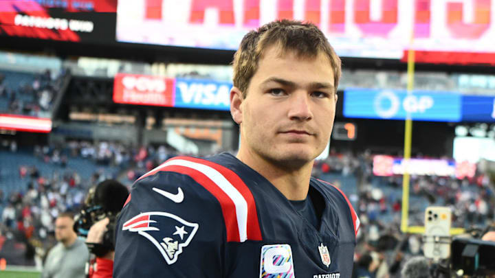 Oct 26, 2025; Foxborough, Massachusetts, USA;  New England Patriots quarterback Drake Maye (10) reacts to the win after the game against the Cleveland Browns at Gillette Stadium. Mandatory Credit: Brian Fluharty-Imagn Images