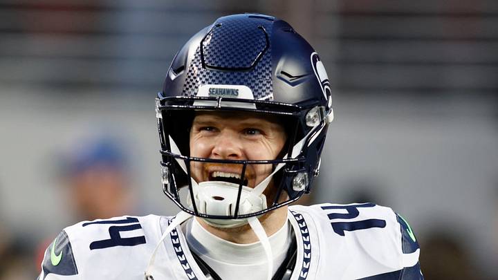 Seattle Seahawks quarterback Sam Darnold celebrates a play