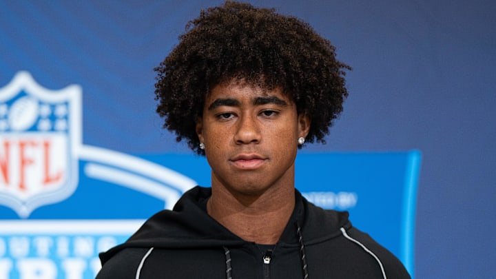 Feb 27, 2026; Indianapolis, IN, USA; Southern California wideout Ja'Kobi Lane (WO27) speaks to members of the media during the NFL Combine at the Indiana Convention Center. Mandatory Credit: Jacob Musselman-Imagn Images