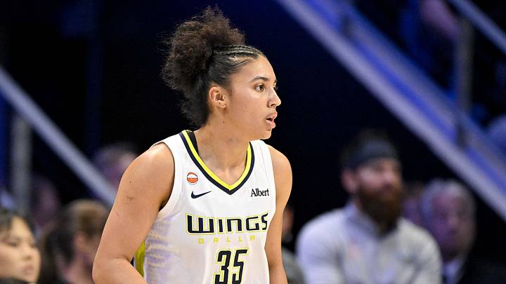 May 14, 2026; Arlington, Texas, USA; Dallas Wings guard Azzi Fudd (35) looks on during the game between the Wings and the Lynx at College Park Center. Mandatory Credit: Jerome Miron-Imagn Images