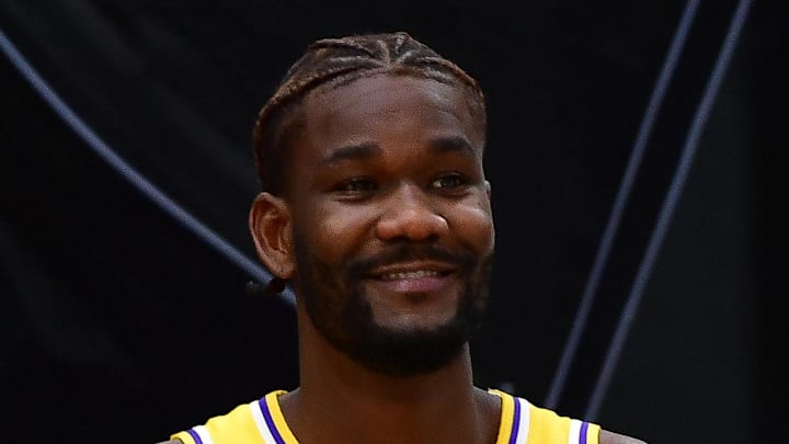 Sep 29, 2025; Los Angeles, CA, USA; Los Angeles Lakers guard Augustus Marciulionis (31), center Deandre Ayton (5) and guard R.J. Davis (55) during media day at UCLA Health Training Center. Mandatory Credit: Gary A. Vasquez-Imagn Images