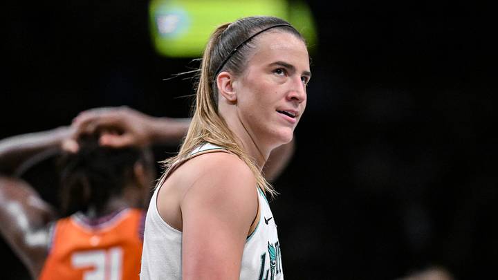 Brooklyn, New York, USA; New York Liberty guard Sabrina Ionescu (20) reacts during the closing moments of the game against the Connecticut Sun at Barclays Center on August 25, 2025. Brooklyn, New York, USA; New York Liberty guard Sabrina Ionescu (20) reacts during the closing moments of the game against the Connecticut Sun at Barclays Center on August 25, 2025.