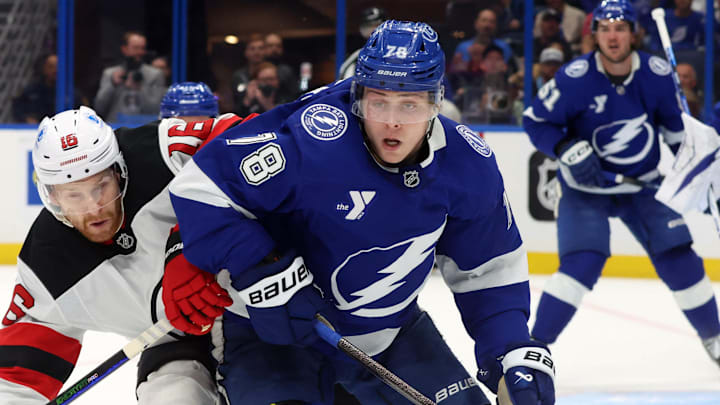 Nov 18, 2025; Tampa, Florida, USA; Tampa Bay Lightning defenseman Emil Lilleberg (78) and New Jersey Devils right wing Connor Brown (16) skate after the puck during the second period at Benchmark International Arena. Mandatory Credit: Kim Klement Neitzel-Imagn Images Nov 18, 2025; Tampa, Florida, USA; Tampa Bay Lightning defenseman Emil Lilleberg (78) and New Jersey Devils right wing Connor Brown (16) skate after the puck during the second period at Benchmark International Arena. Mandatory Credit: Kim Klement Neitzel-Imagn Images