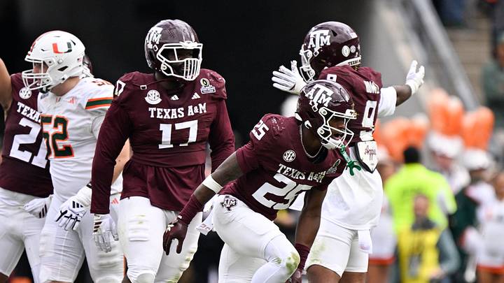 Texas A&M Aggies safety Dalton Brooks and linebacker Taurean York celebrated after sacking Miami Hurricanes quarterback Carson Beck during the first half of the first-round game of the CFP at Kyle Field. Texas A&M Aggies safety Dalton Brooks and linebacker Taurean York celebrated after sacking Miami Hurricanes quarterback Carson Beck during the first half of the first-round game of the CFP at Kyle Field.