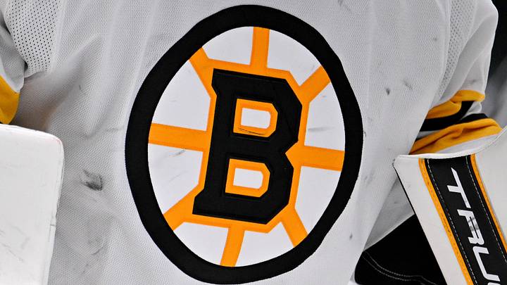 Jan 20, 2026; Dallas, Texas, USA;  A view of the Boston Bruins logo on the jersey of Boston Bruins goaltender Jeremy Swayman (1) during the game at the American Airlines Center. Mandatory Credit: Jerome Miron-Imagn Images