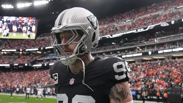 Dec 7, 2025; Paradise, Nevada, USA;  Las Vegas Raiders defensive end Maxx Crosby (98) on the field prior to a game against the Denver Broncos at Allegiant Stadium. Mandatory Credit: Kirby Lee-Imagn Images