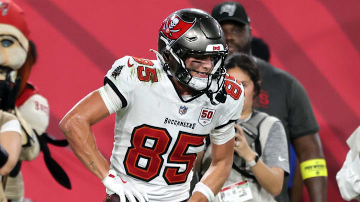 Aug 23, 2025; Tampa, Florida, USA; Tampa Bay Buccaneers wide receiver Garrett Greene (85) scores a touchdown against the Buffalo Bills during the second half at Raymond James Stadium. Mandatory Credit: Kim Klement Neitzel-Imagn Images