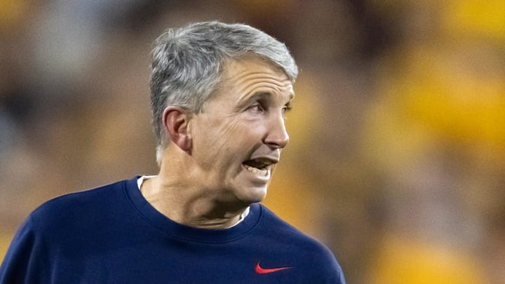 Nov 28, 2025; Tempe, Arizona, USA; Arizona Wildcats head coach Brent Brennan against the Arizona State Sun Devils during the 99th Territorial Cup at Mountain America Stadium. Mandatory Credit: Mark J. Rebilas-Imagn Images