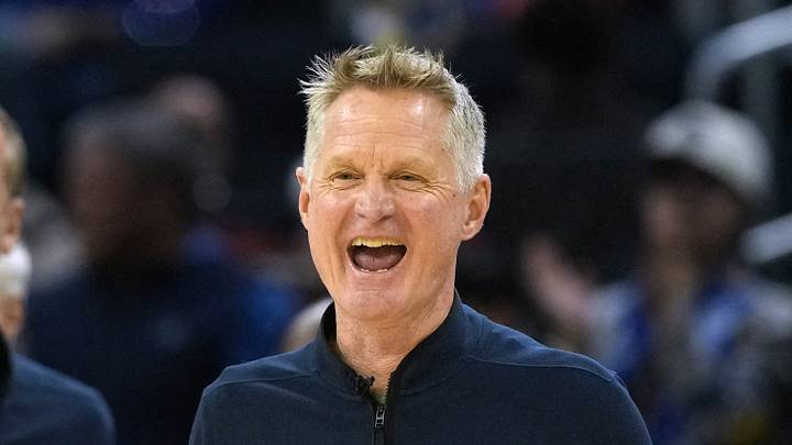 San Francisco, California, USA; Golden State Warriors head coach Steve Kerr reacts during the fourth quarter against the Dallas Mavericks at Chase Center on Dec 25, 2025.
