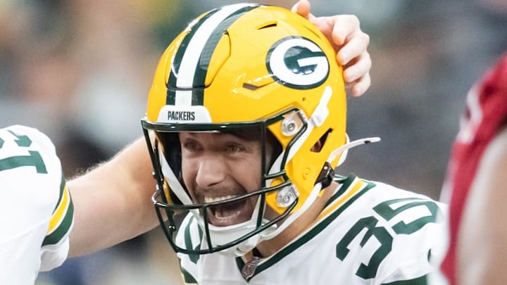 Green Bay Packers kicker Lucas Havrisik (35) celebrates a field goal against the Arizona Cardinals. Green Bay Packers kicker Lucas Havrisik (35) celebrates a field goal against the Arizona Cardinals.