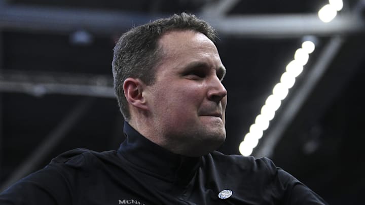Mar 20, 2025; Providence, RI, USA;  McNeese State Cowboys head coach Will Wade celebrates after defeating the Clemson Tigers at Amica Mutual Pavilion. Mandatory Credit: Eric Canha-Imagn Images