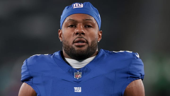 Oct 9, 2025; East Rutherford, New Jersey, USA; (Editors Notes: Caption Correction) New York Giants linebacker Kayvon Thibodeaux (5) looks on during warmups before the game against the Philadelphia Eagles at MetLife Stadium. Mandatory Credit: Vincent Carchietta-Imagn Images
