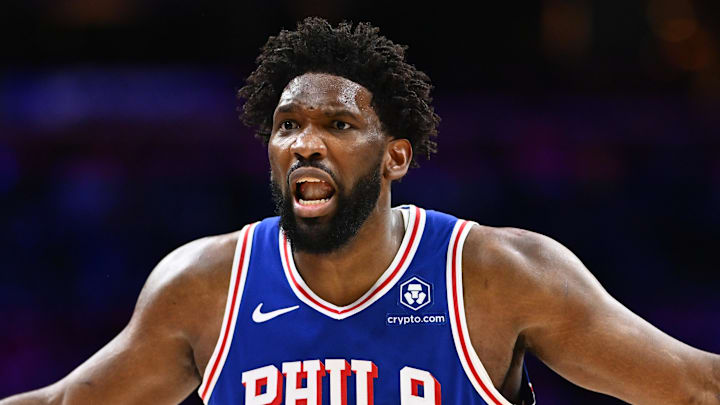 Nov 8, 2023; Philadelphia, Pennsylvania, USA; Philadelphia 76ers center Joel Embiid (21) reacts against the Boston Celtics in the third quarter at Wells Fargo Center. Mandatory Credit: Kyle Ross-Imagn Images Nov 8, 2023; Philadelphia, Pennsylvania, USA; Philadelphia 76ers center Joel Embiid (21) reacts against the Boston Celtics in the third quarter at Wells Fargo Center. Mandatory Credit: Kyle Ross-Imagn Images