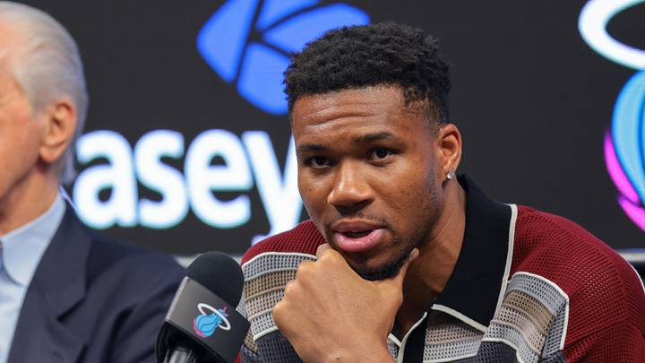 Jul 16, 2026; Miami, FL, USA; Miami Heat forward Giannis Antetokounmpo (7) speaks to reporters during his introductory press conference at Kaseya Center. Mandatory Credit: Sam Navarro-Imagn Images