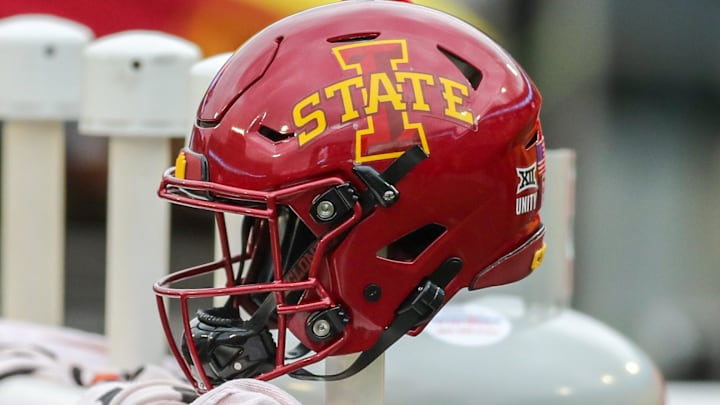 Oct 30, 2021; Morgantown, West Virginia, USA; An Iowa State Cyclones helmet on the bench during the third quarter against the West Virginia Mountaineers at Mountaineer Field at Milan Puskar Stadium.