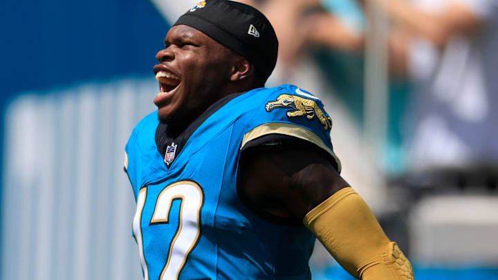 Jacksonville Jaguars wide receiver Travis Hunter (12) runs on the field as he is introduced before an NFL football matchup at EverBank Stadium, Sunday, Sept. 21, 2025, in Jacksonville, Fla. The Jaguars defeated the Texans 17-10. The Jaguars defeated the Texans 17-10. Jacksonville Jaguars wide receiver Travis Hunter (12) runs on the field as he is introduced before an NFL football matchup at EverBank Stadium, Sunday, Sept. 21, 2025, in Jacksonville, Fla. The Jaguars defeated the Texans 17-10. The Jaguars defeated the Texans 17-10.