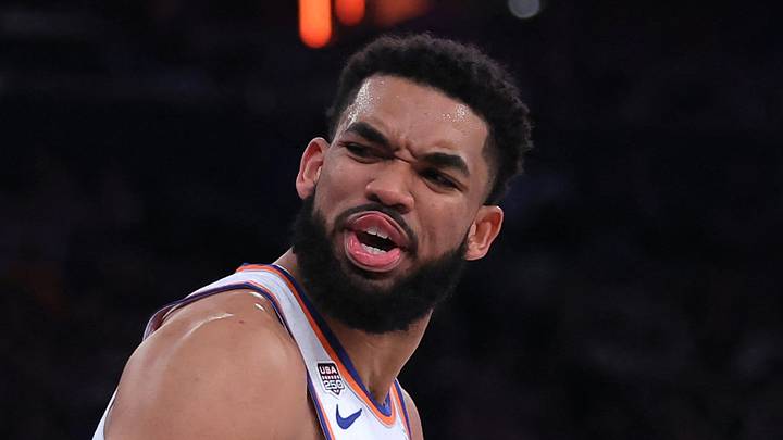 Jun 10, 2026; New York, New York, USA; New York Knicks center Karl-Anthony Towns (32) reacts in the second quarter against the San Antonio Spurs during game four of the 2026 NBA Finals at Madison Square Garden. Mandatory Credit: Brad Penner-Imagn Images