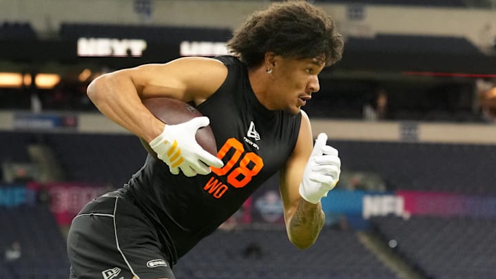 Feb 28, 2026; Indianapolis, IN, USA; Washington wideout Denzel Boston (WO08) during the NFL Scouting Combine at Lucas Oil Stadium. Mandatory Credit: Kirby Lee-Imagn Images Feb 28, 2026; Indianapolis, IN, USA; Washington wideout Denzel Boston (WO08) during the NFL Scouting Combine at Lucas Oil Stadium. Mandatory Credit: Kirby Lee-Imagn Images