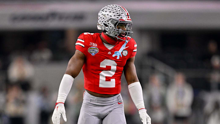 Dec 31, 2025; Arlington, TX, USA; Ohio State Buckeyes safety Caleb Downs (2) gets into position during the 2025 Cotton Bowl and quarterfinal game of the College Football Playoff at AT&T Stadium.  