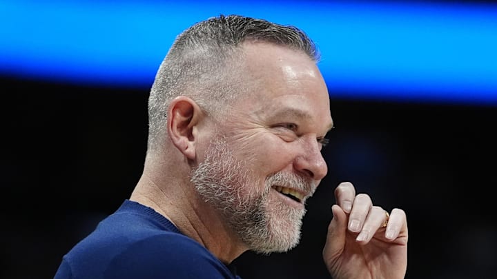 Mar 28, 2025; Denver, Colorado, USA; Denver Nuggets head coach Michael Malone  reacts in the second half against the Utah Jazz at Ball Arena. Mandatory Credit: Ron Chenoy-Imagn Images