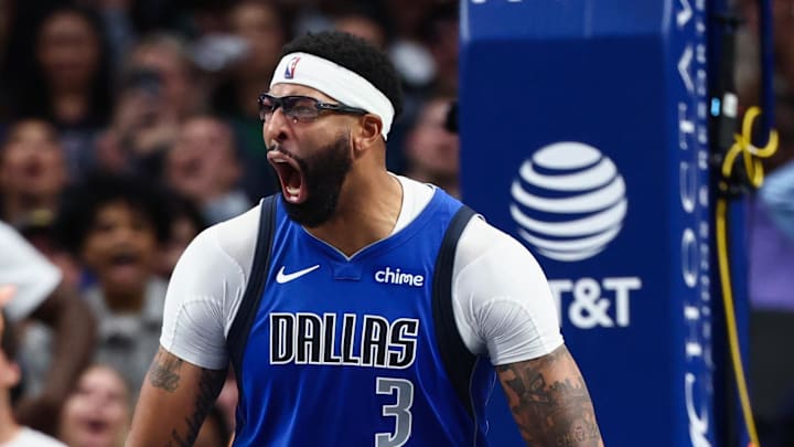 Oct 24, 2025; Dallas, Texas, USA; Dallas Mavericks forward Anthony Davis (3) reacts after a dunk during the second half against the Washington Wizards at American Airlines Center. Mandatory Credit: Kevin Jairaj-Imagn Images