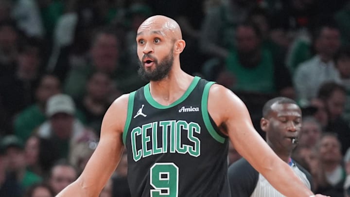 Apr 5, 2026; Boston, Massachusetts, USA; Boston Celtics guard Derrick White (9) reacts to a call on the court during the first half at TD Garden. Mandatory Credit: Gregory Fisher-Imagn Images