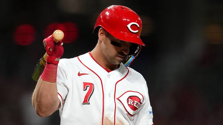 Cincinnati Reds first baseman Spencer Steer (7) reacts after striking out in the sixth inning of a baseball game against the Minnesota Twins, Tuesday, Sept. 19, 2023, at Great American Ball Park in Cincinnati. Cincinnati Reds first baseman Spencer Steer (7) reacts after striking out in the sixth inning of a baseball game against the Minnesota Twins, Tuesday, Sept. 19, 2023, at Great American Ball Park in Cincinnati.