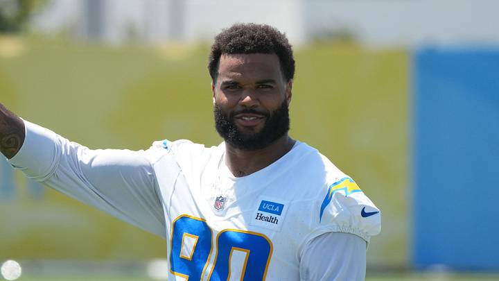 Jul 30, 2026; El Segundo, CA, USA; Los Angeles Chargers linebacker Akheem Mesidor (90) at training camp at The Bolt. Mandatory Credit: Kirby Lee-Imagn Images