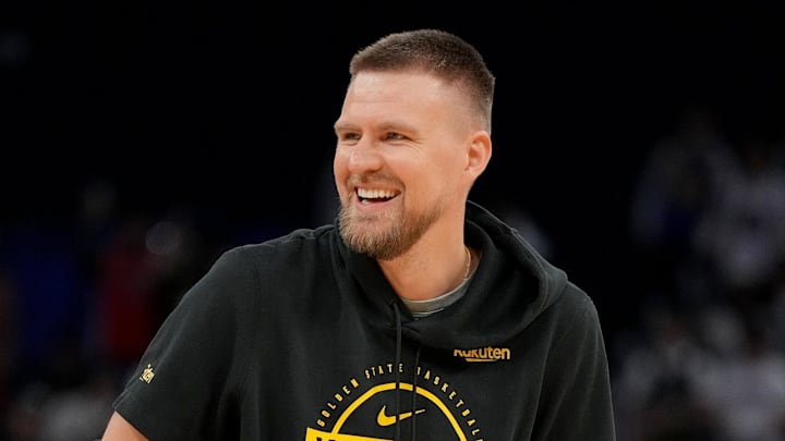 Apr 5, 2026; San Francisco, California, USA; Golden State Warriors forward Kristaps Porzingis (7) stands on the court before the start of the game against the Houston Rockets at the Chase Center. Mandatory Credit: Cary Edmondson-Imagn Images