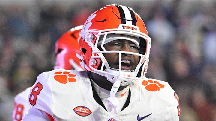 Oct 11, 2025; Chestnut Hill, Massachusetts, USA; Clemson Tigers running back Adam Randall (8) reacts to his touchdown against the Boston College Eagles during the first half at Alumni Stadium. Mandatory Credit: Eric Canha-Imagn Images