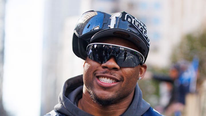 Seattle Seahawks linebacker Uchenna Nwosu looks on during the Super Bowl LX parade. Seattle Seahawks linebacker Uchenna Nwosu looks on during the Super Bowl LX parade.