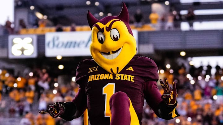 Aug 30, 2025; Tempe, Arizona, USA; Sparky the Sun Devil takes the field pregame between Arizona State Sun Devils and Northern Arizona Lumberjacks at Mountain America Stadium. Mandatory Credit: Arianna Grainey-Imagn Images