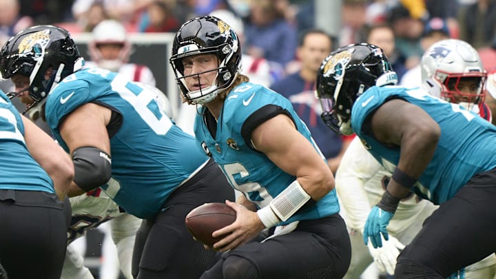 Oct 20, 2024; London, United Kingdom; Jacksonville Jaguars quarterback Trevor Lawrence (16) with the ball in the second half during an NFL International Series game at Wembley Stadium. Mandatory Credit: Peter van den Berg-Imagn Images