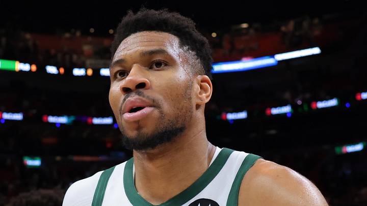 Milwaukee Bucks forward Giannis Antetokounmpo (34) looks on after the game against the Miami Heat at Kaseya Center on Mar 12, 2026.
