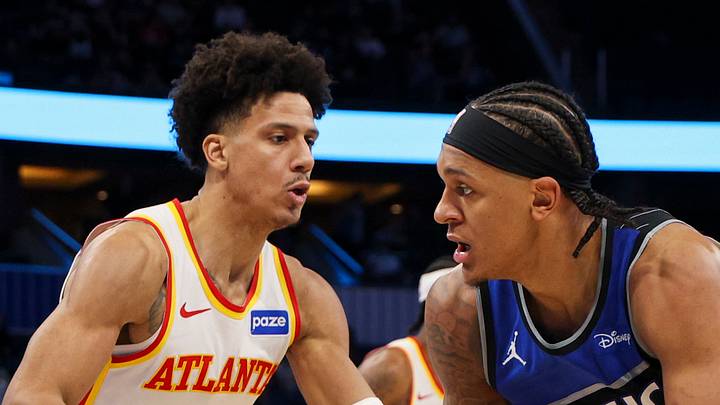 Orlando Magic forward Paolo Banchero is guarded by Atlanta Hawks forward Jalen Johnson. Orlando Magic forward Paolo Banchero is guarded by Atlanta Hawks forward Jalen Johnson.