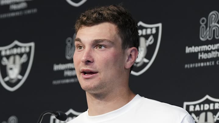 Las Vegas Raiders quarterback Fernando Mendoza speaks during a news conference. Las Vegas Raiders quarterback Fernando Mendoza speaks during a news conference.