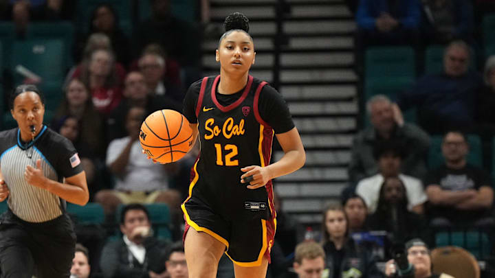 Mar 10, 2024; Las Vegas, NV, USA; Southern California Trojans guard JuJu Watkins (12) dribbles the ball against the Stanford Cardinal in the second half of the Pac-12 Tournament women's championship game at MGM Grand Garden Arena. Mandatory Credit: Kirby Lee-Imagn Images Mar 10, 2024; Las Vegas, NV, USA; Southern California Trojans guard JuJu Watkins (12) dribbles the ball against the Stanford Cardinal in the second half of the Pac-12 Tournament women's championship game at MGM Grand Garden Arena. Mandatory Credit: Kirby Lee-Imagn Images