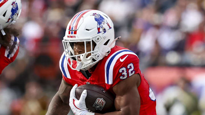 New England Patriots running back Treveyon Henderson runs the ball during the third quarter at Gillette Stadium.